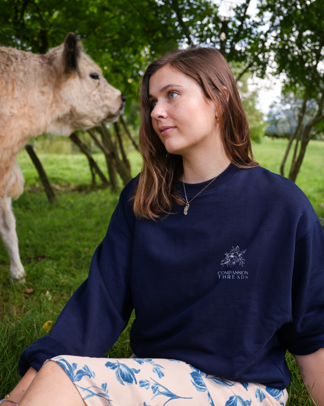 Flower Graphic Sweatshirt Navy Sweater Compassion Threads Sustainable vegan clothing premium ethical cruelty-free fashion