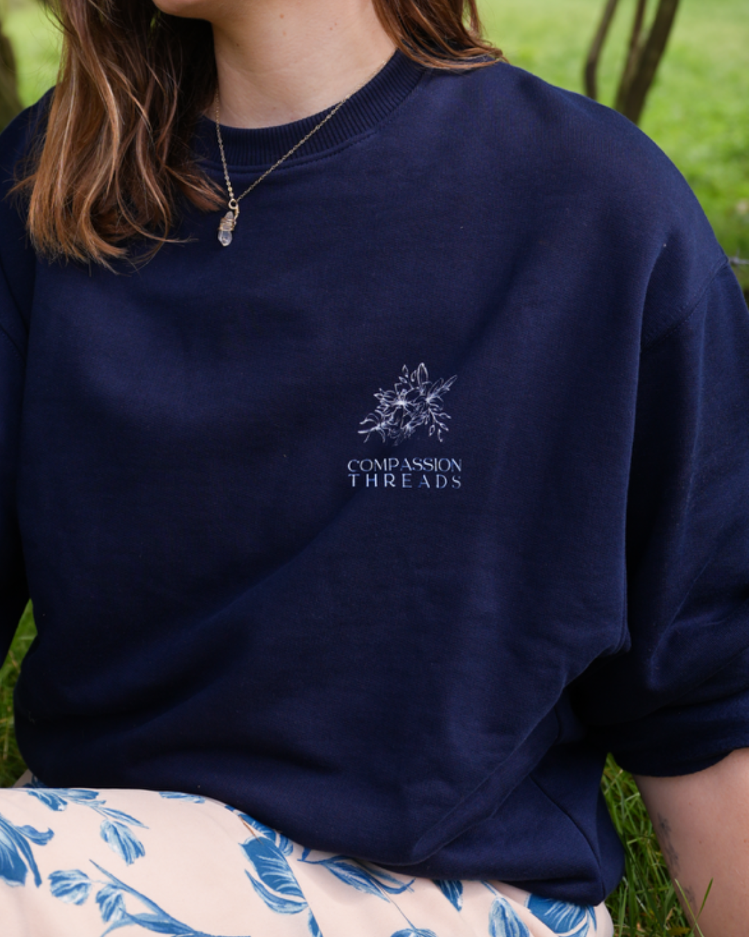 Flower Graphic Sweatshirt Navy Sweater Compassion Threads Sustainable vegan clothing premium ethical cruelty-free fashion