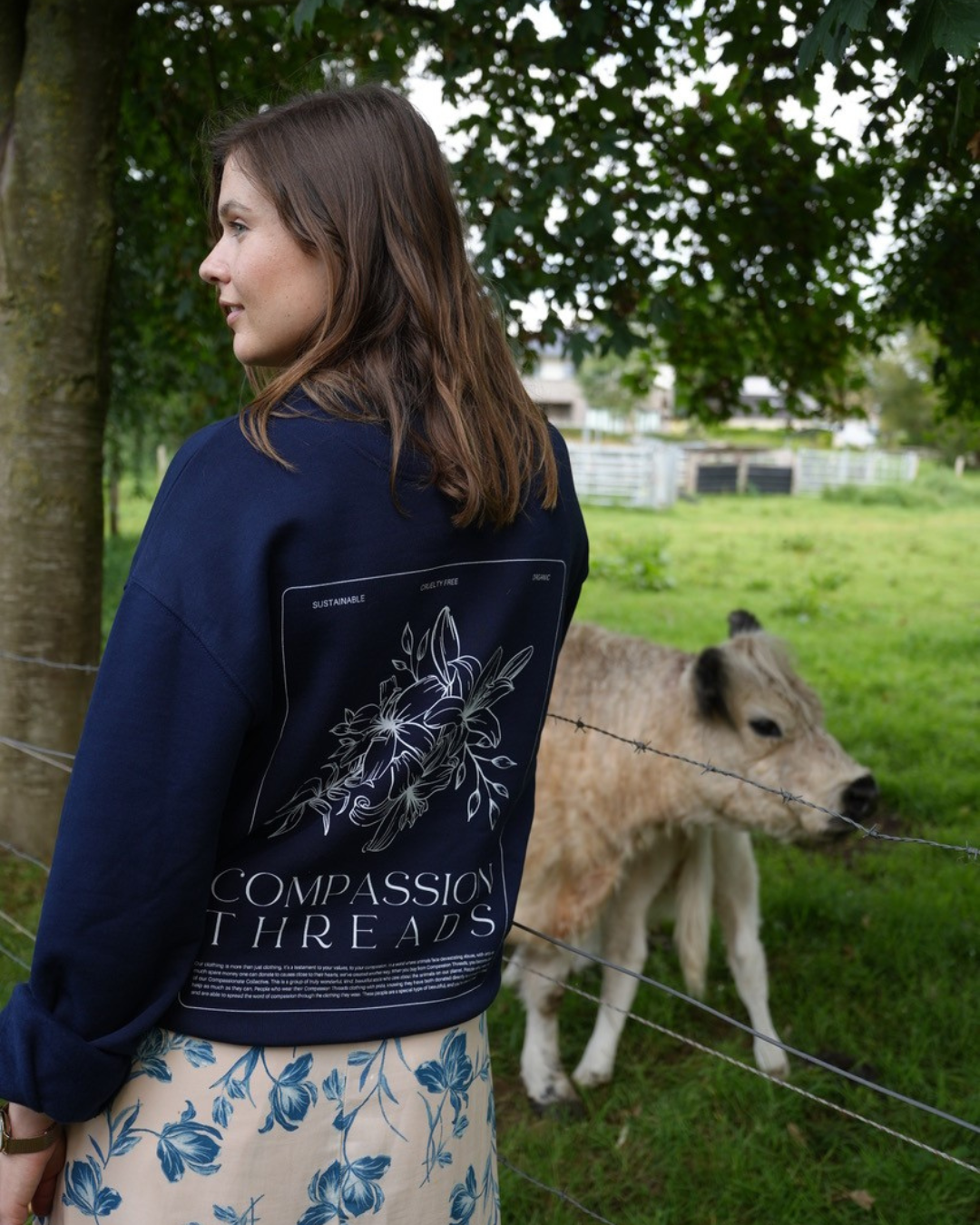 Flower Graphic Sweatshirt Navy Sweater Compassion Threads Sustainable vegan clothing premium ethical cruelty-free fashion