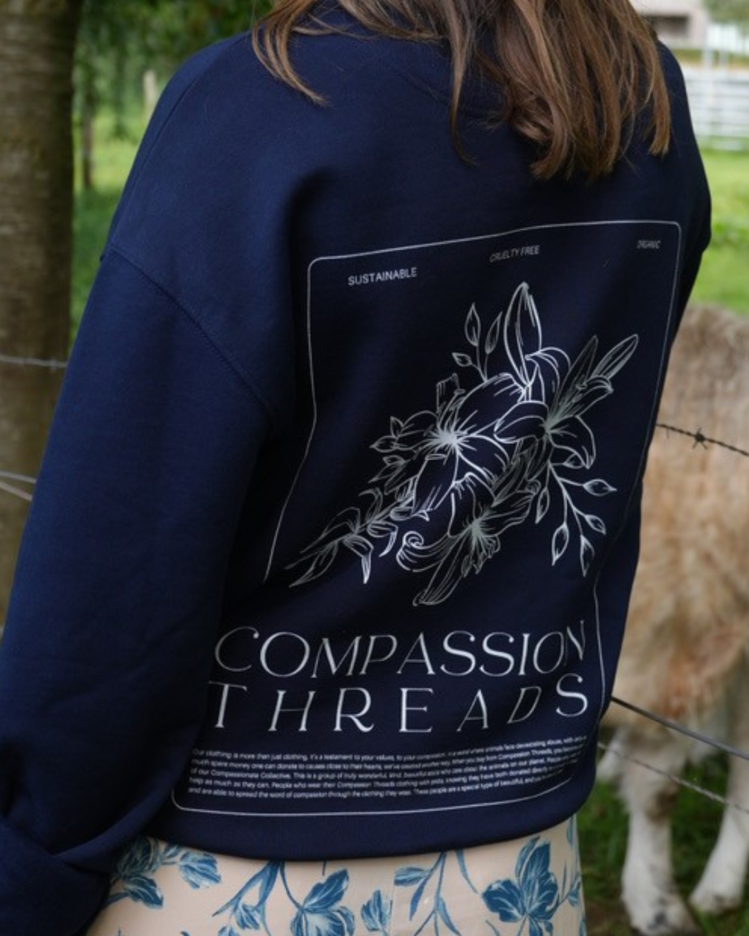Flower Graphic Sweatshirt Navy Sweater Compassion Threads Sustainable vegan clothing premium ethical cruelty-free fashion