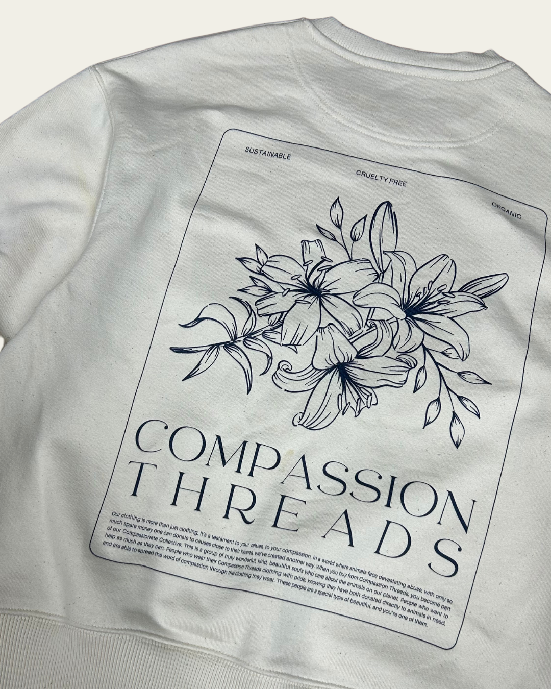 Flower Graphic Sweatshirt Cream Sweater Compassion Threads Sustainable vegan clothing premium ethical cruelty-free fashion