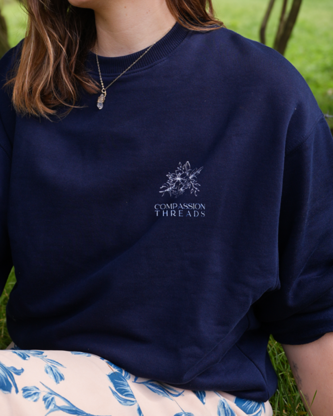 Flower Graphic Sweatshirt Navy Sweater Compassion Threads Sustainable vegan clothing premium loungewear oversized streetwear ethical fashion