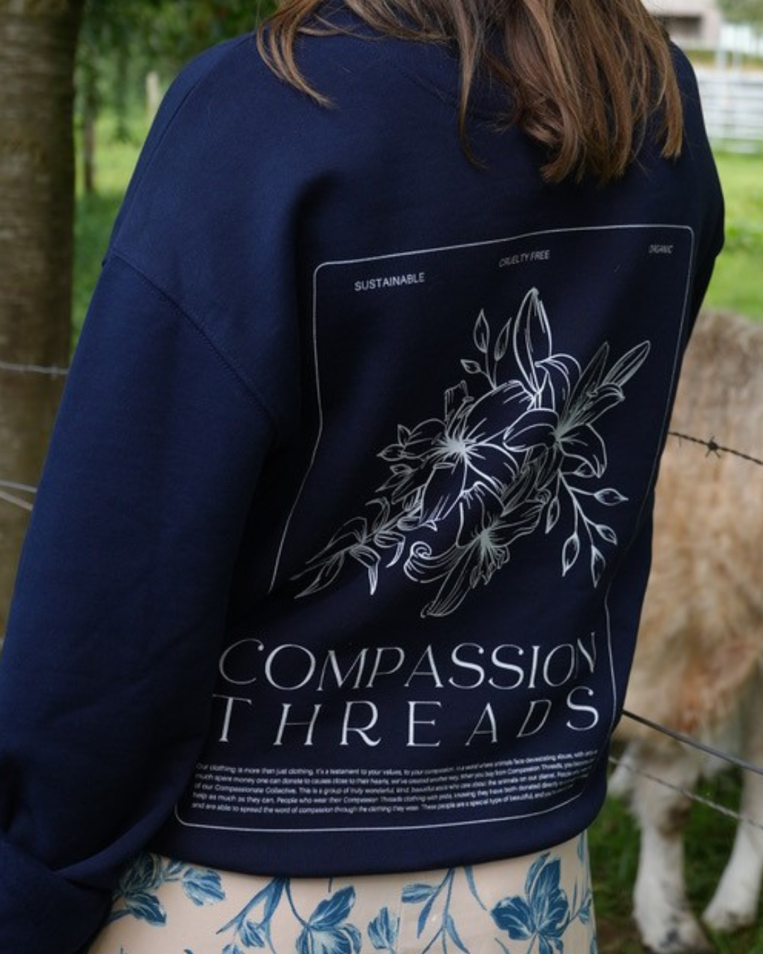 Flower Graphic Sweatshirt Navy Sweater Compassion Threads Sustainable vegan clothing premium loungewear oversized streetwear ethical fashion